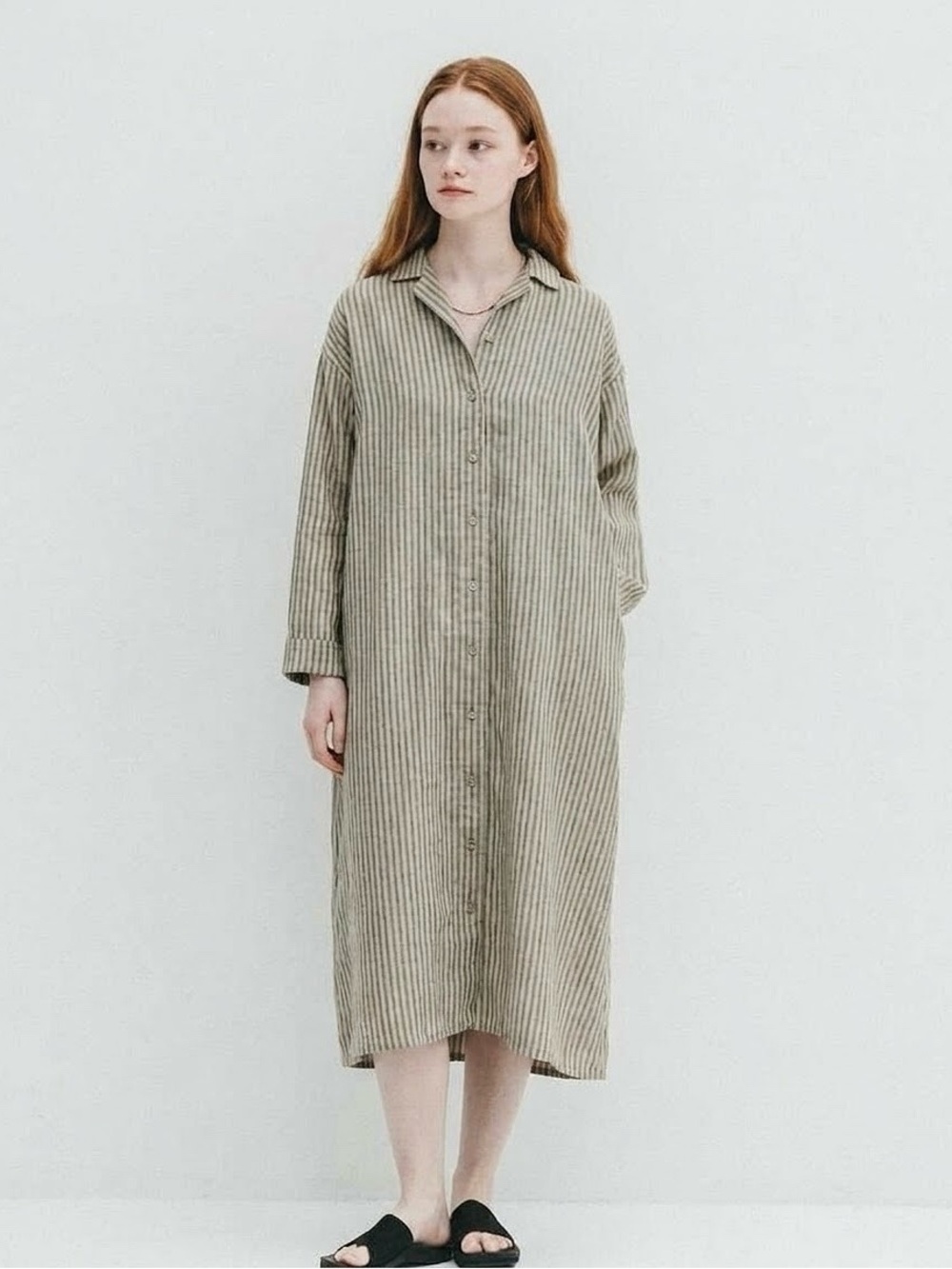Fog Linen Work Taupe Striped Long Sleeve Tunic Midi Shirt Dress - One Size M/L